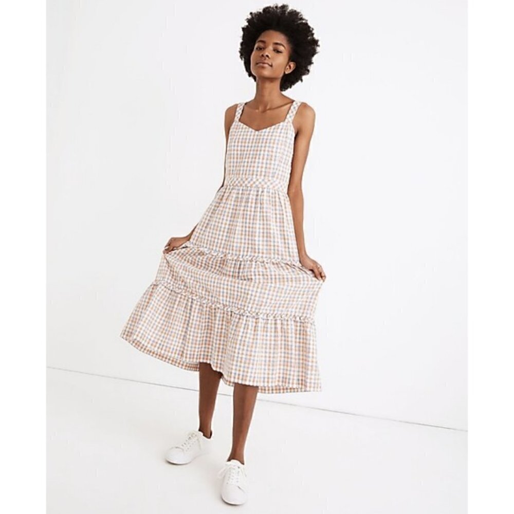 💕MADEWELL💕 Gingham Sweetheart Ruffle-Tiered Midi Dress 00